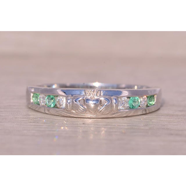 The Adare: Irish Signed Designer Natural Emerald and Diamond Claddagh Ring in White Gold For Sale - Image 4 of 11
