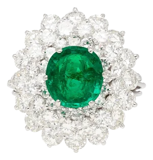 3.19 Carat Oval Cut Emerald Minor Oil & Diamond Cluster Platinum Vintage Ring