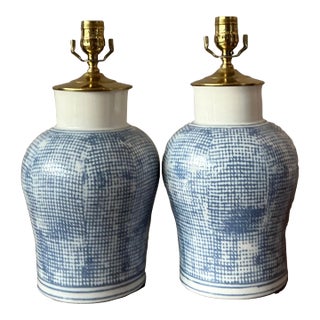 Vintage Boho Blue Print Glazed Ceramic Lamps - A Pair For Sale