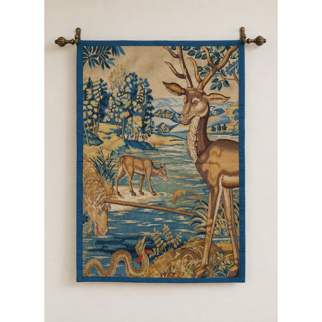 This striking late 20th-century vintage tapestry presents an elaborate woodland landscape populated by an imaginative...
