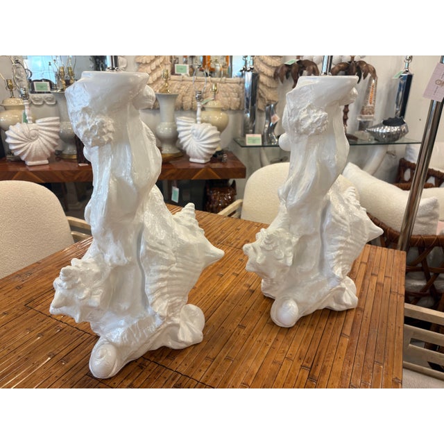 1960s Vintage Pair Seashell Shell Plaster Table Lamps by Sirmos Newly Wired & Restored For Sale - Image 5 of 11