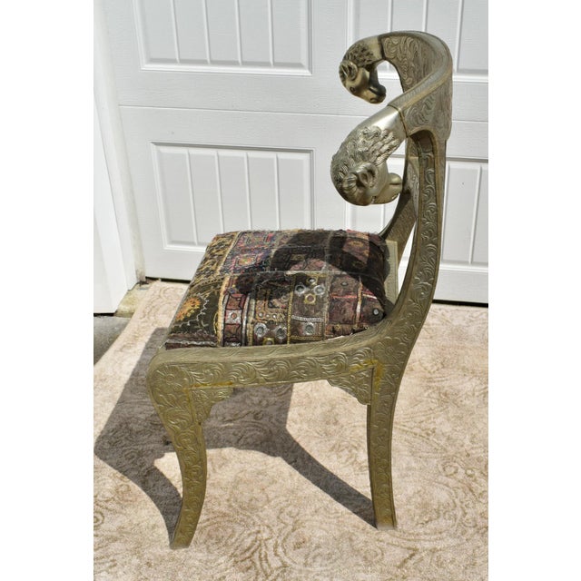 Chrome Metal Clad Rams Head Side Chair Anglo Indian Regency Repousse Vintage For Sale - Image 8 of 12