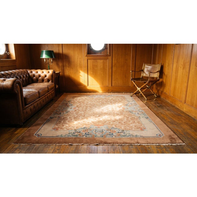 Delicate Chinoiserie Pattern on Peach Background Color Antique Chinese Peking Rug For Sale In New York - Image 6 of 8