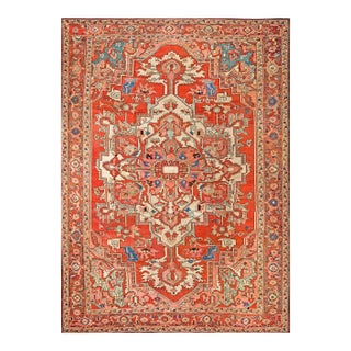Charming Red Background Color Geometric Design Antique Persian Heriz Serapi Rug For Sale