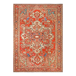 Charming Red Background Color Geometric Design Antique Persian Heriz Serapi Rug