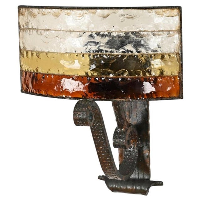 Brutalist Wrought Iron and Amber Glass Sconce attributed to Longobard, Italy, 1970s For Sale - Image 17 of 17