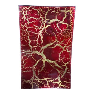 Vintage MCM Crimson Red Glass Platter Gold Leaf Crackle Tray For Sale