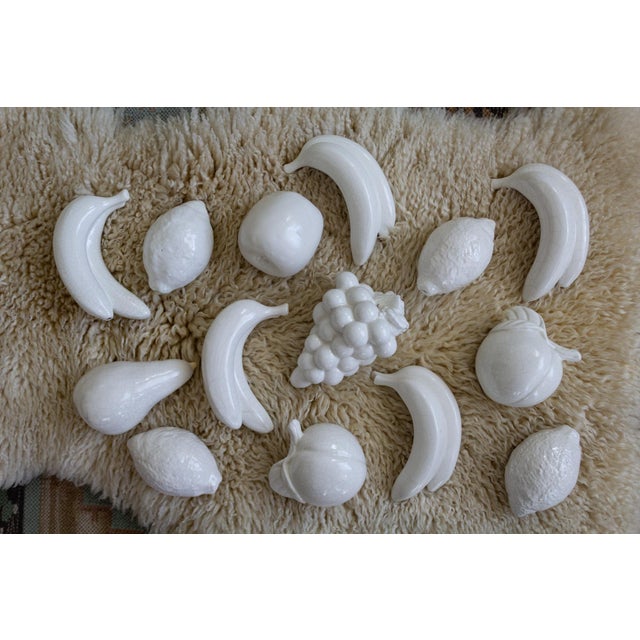 French Country White Italian Footed Pedestal Fruit Bowl With Ceramic Fruits Centerpiece For Sale - Image 3 of 17