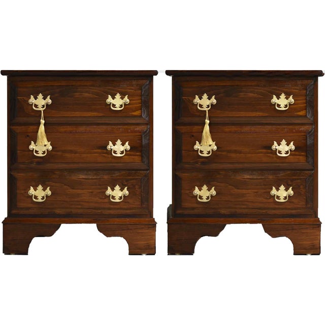 Vintage Chippendale Style Three-Drawer Nightstands With Brass Batwing Pulls - A Pair For Sale - Image 12 of 12