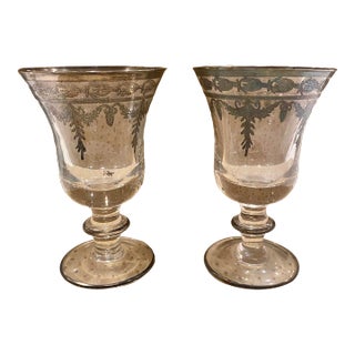 Pair of 190s Arte Italica Vetro Water Goblets with Silver Etched Design Trim For Sale