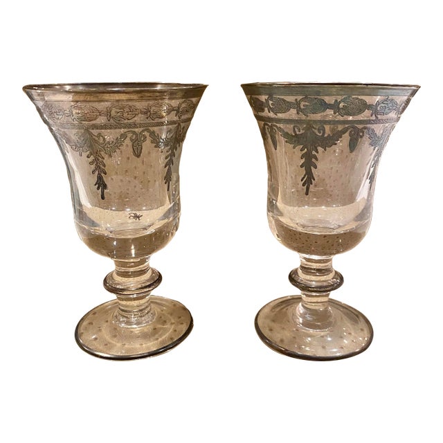 Pair of 190s Arte Italica Vetro Water Goblets with Silver Etched Design Trim For Sale