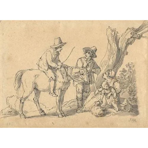 Paper John White Abbott, Peasant Family & Rider by a Tree, 1836 Ink & Wash Drawing For Sale - Image 7 of 7