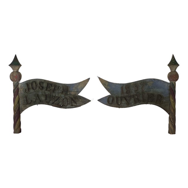 Late 19th Century Rare & Unusual Pair of French Hand Painted and Carved Wood Trade Sign in Form of Pole & Flag For Sale