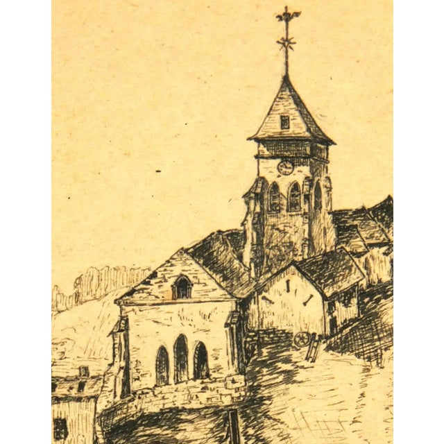 Pen and ink drawing of a charming hillside village, circa 1910. Original artwork on paper displayed on a white mat with a...