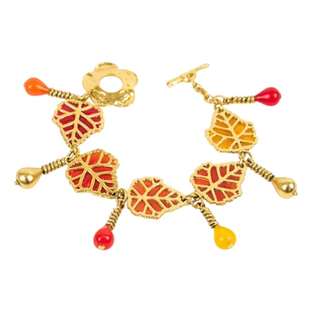 Kenzo Paris Gilt Metal and Multicolor Resin Leaves Bracelet, circa 1980 For Sale