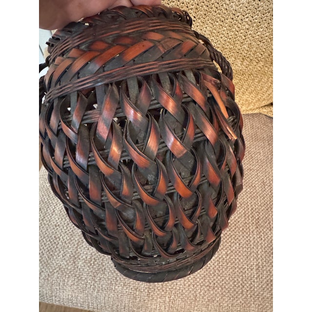 Antique Japanese Woven Bamboo and Rattan Ikebana Flower Basket With Double Handles For Sale - Image 9 of 10