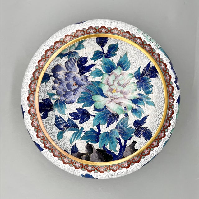Chinoiserie Large Cloisonné Floral Bowl With Peony Motif on Carved Wood Stand — Chinoiserie / Asian Traditional For Sale - Image 3 of 18