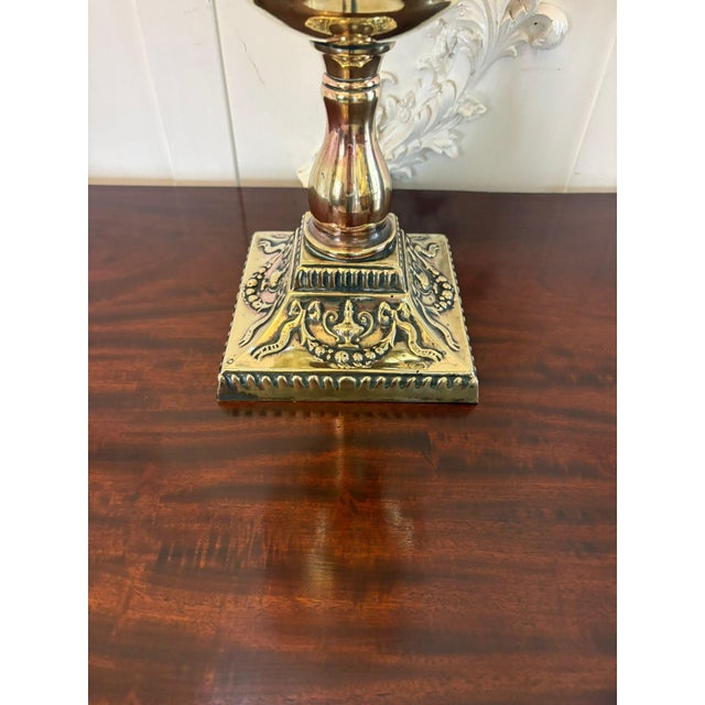 Antique Victorian Brass Oil Lamp with Etched Amber Glass Shade, 1880 For Sale - Image 6 of 9