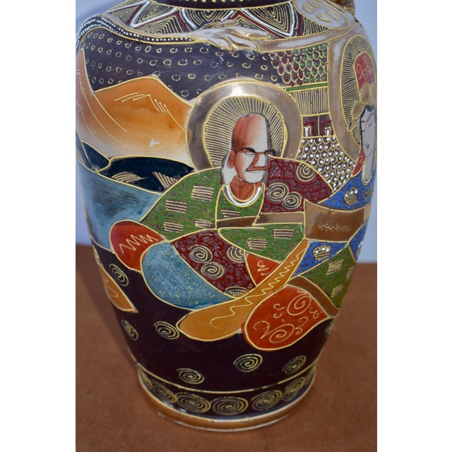 Vintage Japanese Satsuma Moriage Vase Kannon Goddess & Rakan Dragon For Sale In Philadelphia - Image 6 of 14