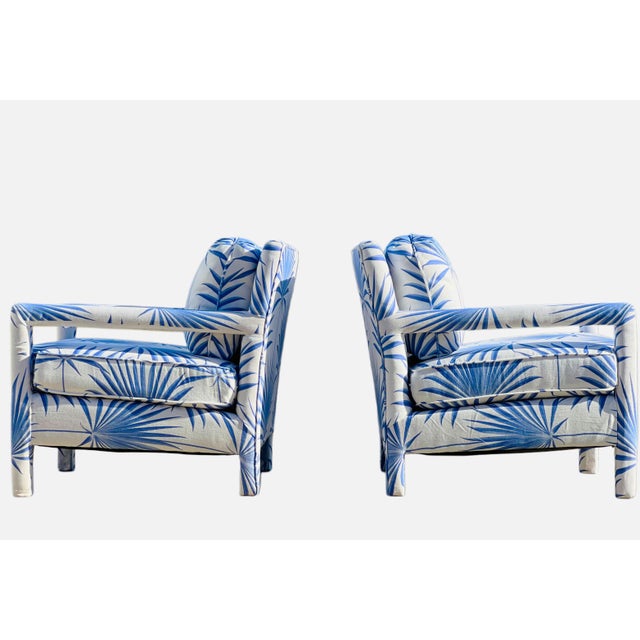 Pair of Vintage Milo Baughman style parsons lounge chairs, generously sized. This polished set is in excellent...