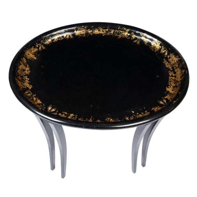 English Oval Papier Mach Tea Tray Table on Custom Sabre Leg Stand, 1835 For Sale - Image 9 of 13