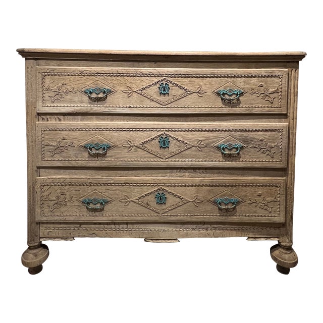 19th Century French Bleached Oak Chest of Drawers With Carved Details For Sale