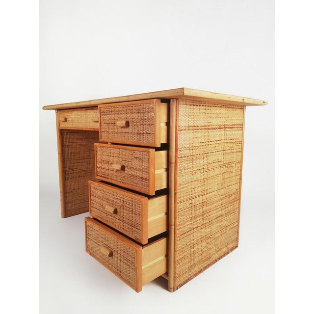 Wood Vintage Italian Writing Desk with Drawers in Bamboo, Rattan and Plywood, 1970s For Sale - Image 7 of 18