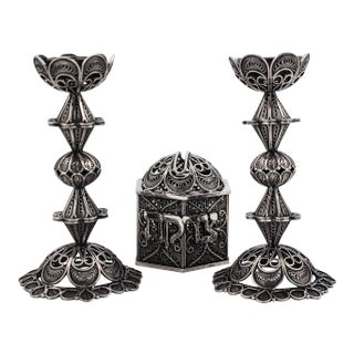 1960s Sterling Shabbat Candlesticks & Matching Charity Box - Set of 3 For Sale
