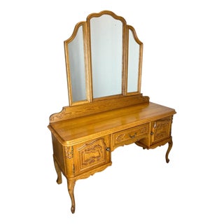 Vintage French Dressing Table with Mirror in Oak For Sale