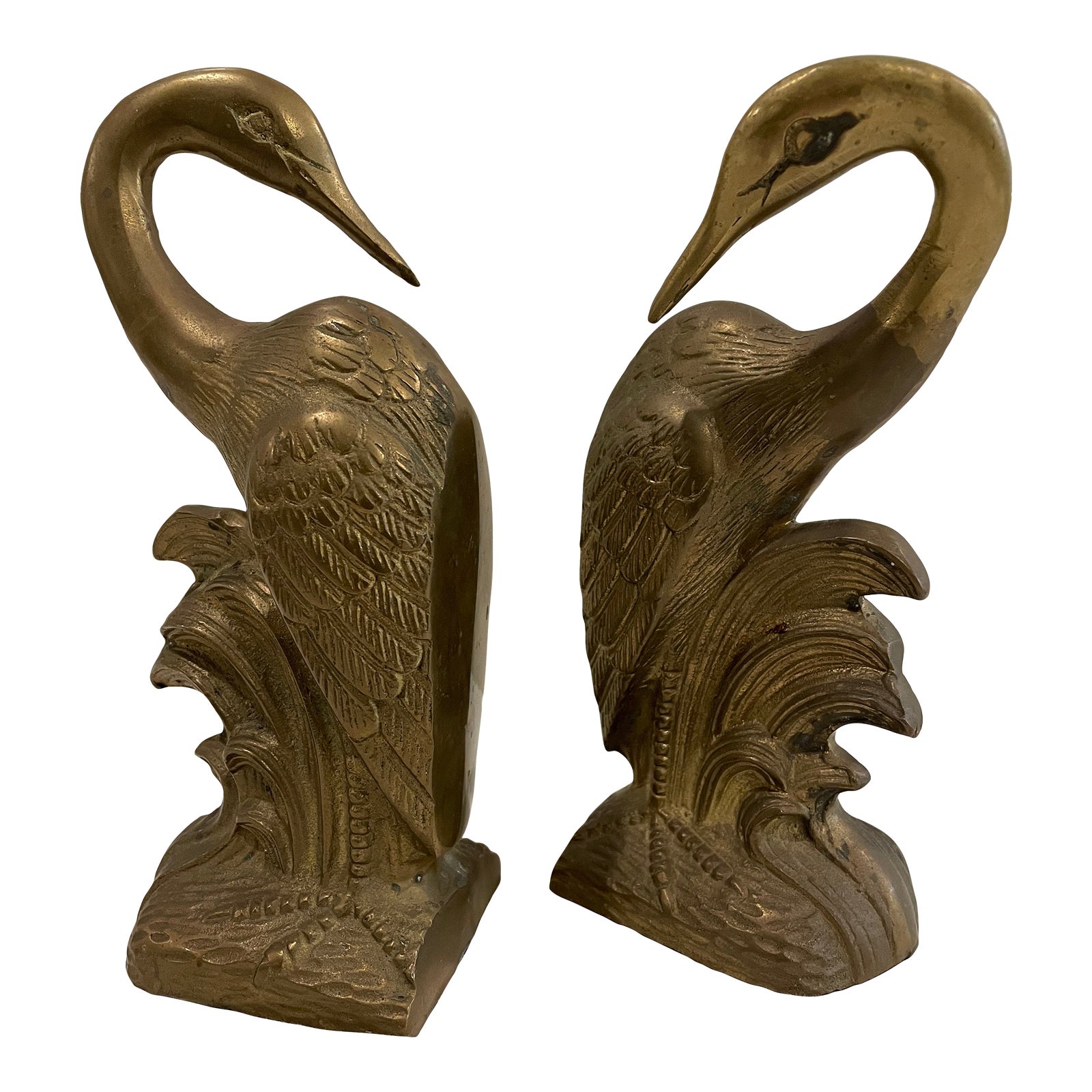 Mid 20th Century Brass Bookends Swann Bird Cranes Egrets a Pair