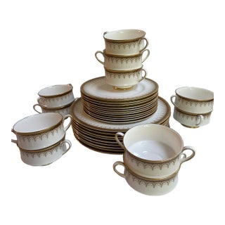 1990s Paragon"ATHENA" Pattern 31pc Dinner Set White and Gold Colors With Banded Border Gold Scrollwork For Sale