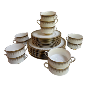 1990s Paragon"ATHENA" Pattern 31pc Dinner Set White and Gold Colors With Banded Border Gold Scrollwork