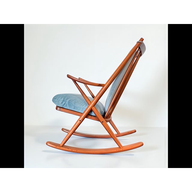 1960s Teak Rocking Chair with Mohair Velvet Cover in Ice Blue by Frank Reenskaug for Bramin, Denmark, 1960s For Sale - Image 5 of 17