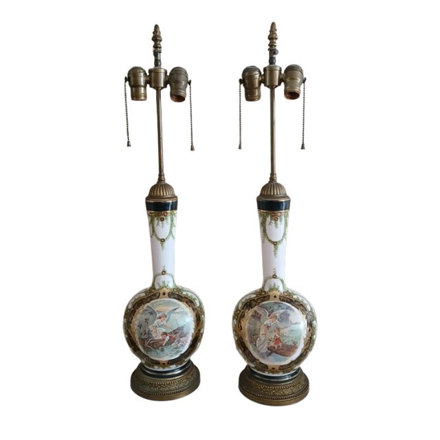 Angel & Child Antique Opaline Hand Painted, Gilt, and Bronze Lamp -a Pair For Sale