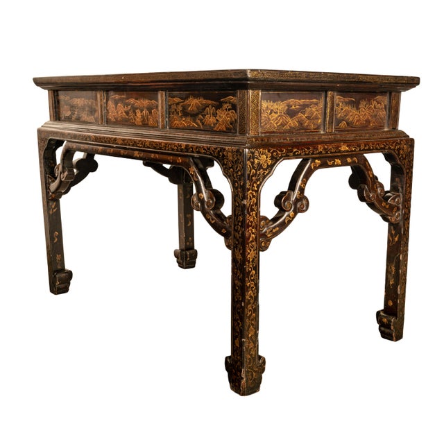 Antique Chinese Qing Dynasty Export Gilt Black Lacquer Table 3 Drawer Desk 1850 For Sale - Image 4 of 11