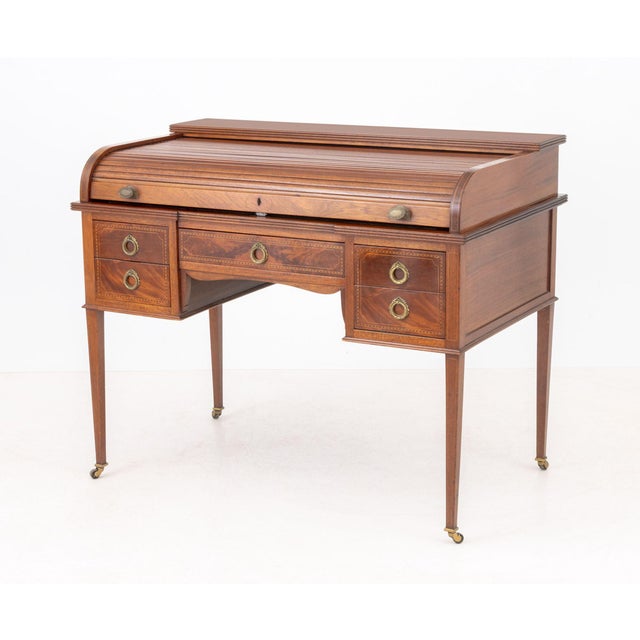 Early 20th Century Edwardian Mahogany Inlaid Tambour Cylinder Desk For Sale - Image 5 of 9
