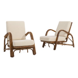 Pair of Faux Bamboo Reclining Armchairs With Bouclé Upholstery Cream Mid 20th Century For Sale