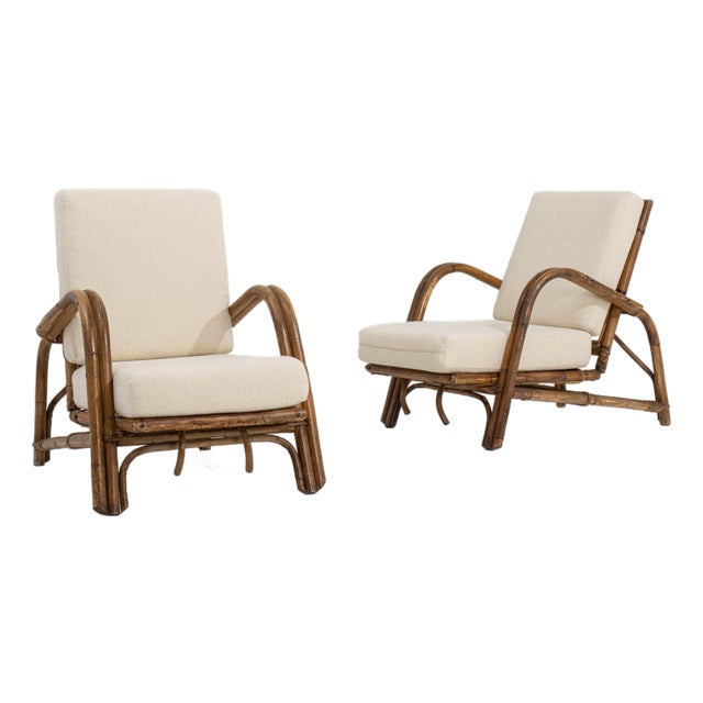 Pair of Faux Bamboo Reclining Armchairs With Bouclé Upholstery Cream Mid 20th Century For Sale
