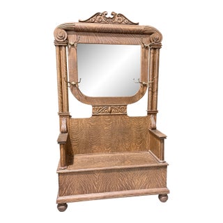 Antique Oak Hall Tree Bench With Mirror For Sale