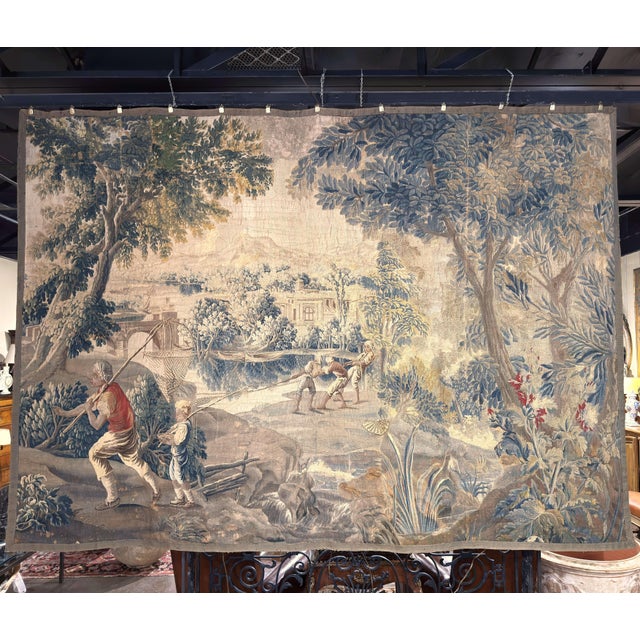 Textile 18th Century French Aubusson Pastoral Tapestry With Fishermen, Verdure & Castle For Sale - Image 7 of 12