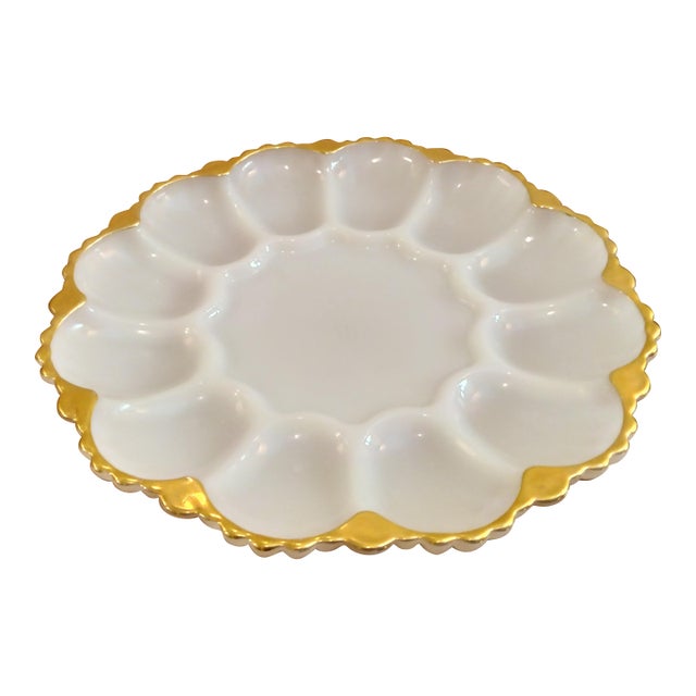 Vintage Anchor Hocking Milk Glass Egg Plate With Gold Trim For Sale