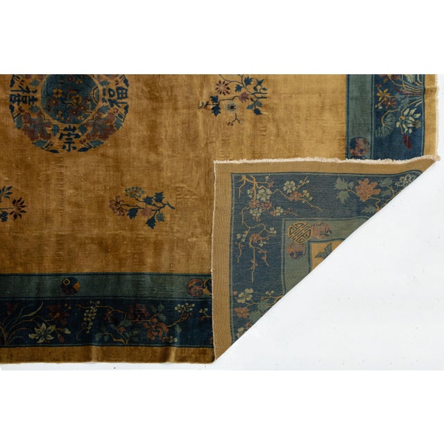 Art Deco Antique Chinese Art Deco Wool Rug With Medallion and Indigo Floral Borders 9x11 For Sale - Image 3 of 10