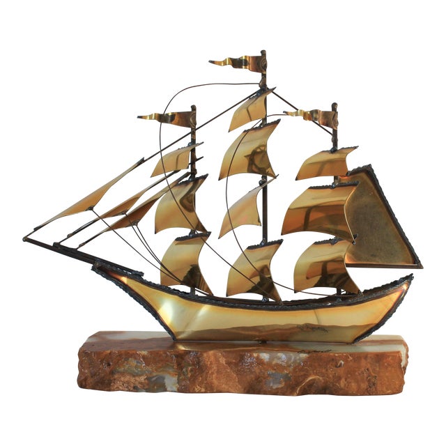 1970's Brutalist Brass and Stone Ship by DeMott For Sale
