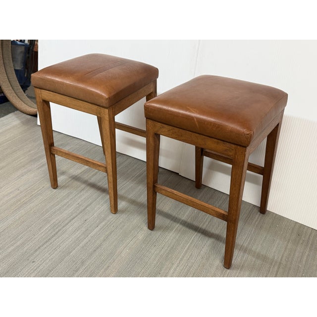 Brown Brownstone Cognac Leather Counter Stools, Pair For Sale - Image 8 of 12