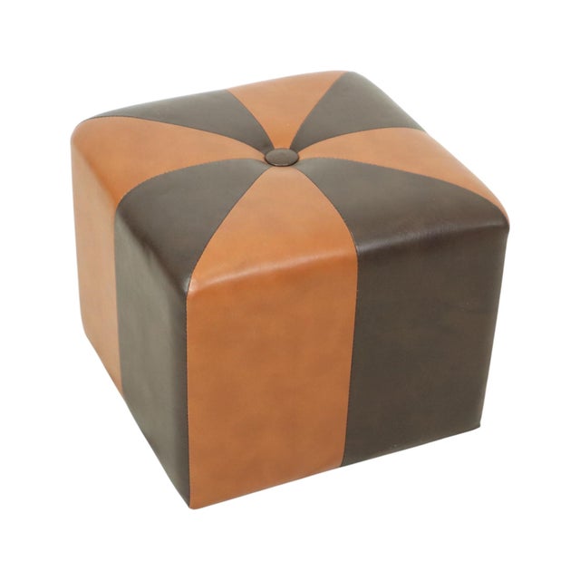 Nice square vintage pouf in patchwork style, made from a wooden base and upholstered in high-quality two-tone brown and...
