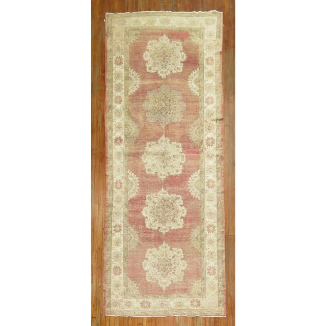 Mid 20th Century Vintage Soft Red Turkish Oushak Gallery Size Rug For Sale - Image 5 of 12