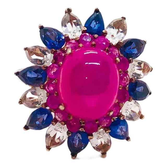 Bochic “Capri” Vintage Blue Sapphire, Ruby & Rose Cut Topaz 18K Gold & Silver For Sale