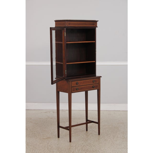 1920s Antique Edwardian 2 Drawer Inlaid Mahogany Curio Cabinet For Sale - Image 5 of 16