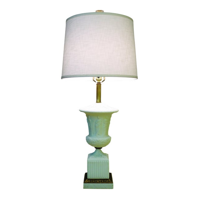 Xlarge Paul Hanson Neoclassical Modern Hollywood Regency Bisque Ceramic Marble Brass Table Lamp 1960's Italy For Sale