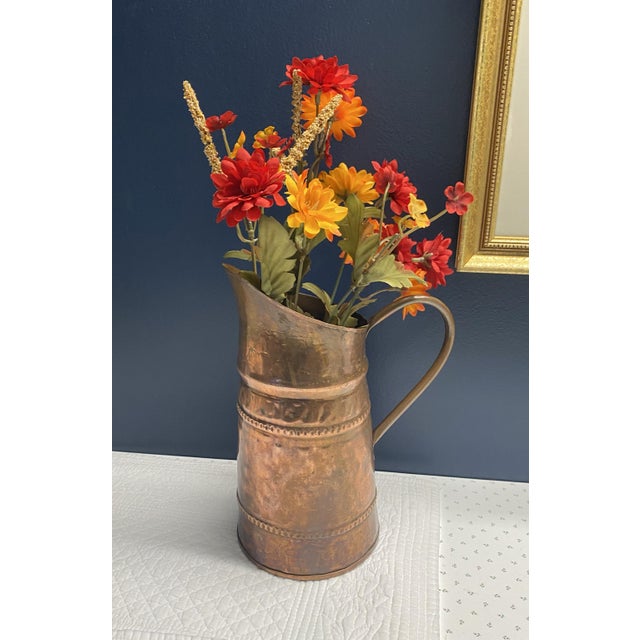 Early 20th C Primitive Rustic Hand-Hammered, Forged Copper Pitcher For Sale - Image 11 of 17